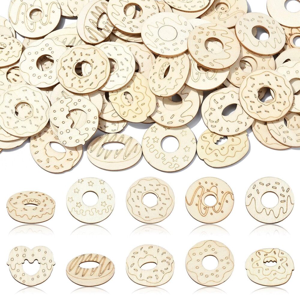 5303 100 Pcs Random Wooden Donut Cutouts Unfinished Wood Embellishments